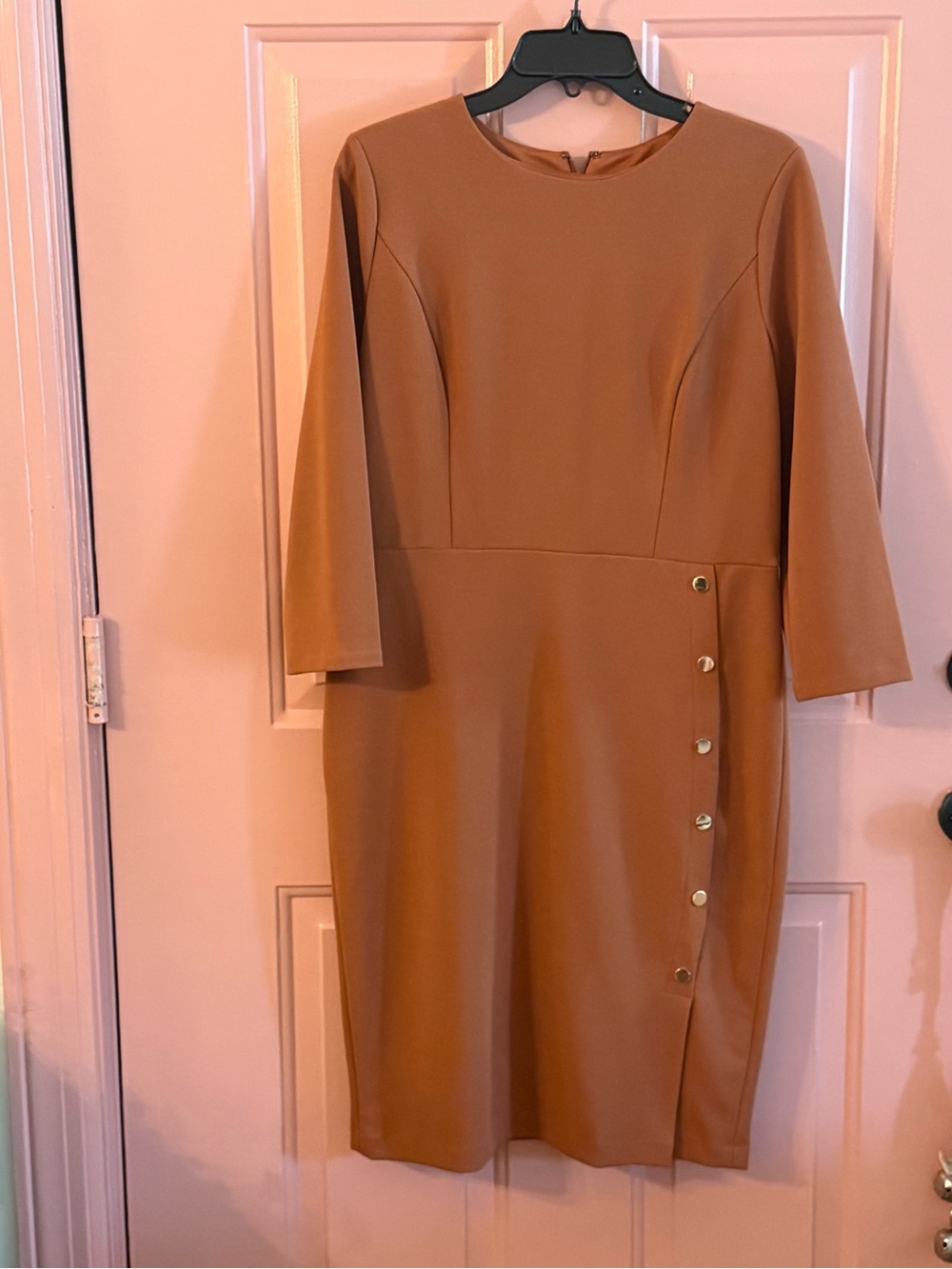London Times Midi Sheath Dress in Rust color with Side Button Detail